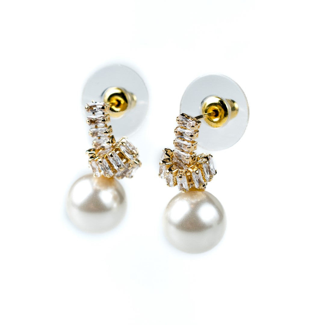 Harma Jewelry 18K GOLD PLATED Serene Pearl Baguette Zirconia Stud Earrings