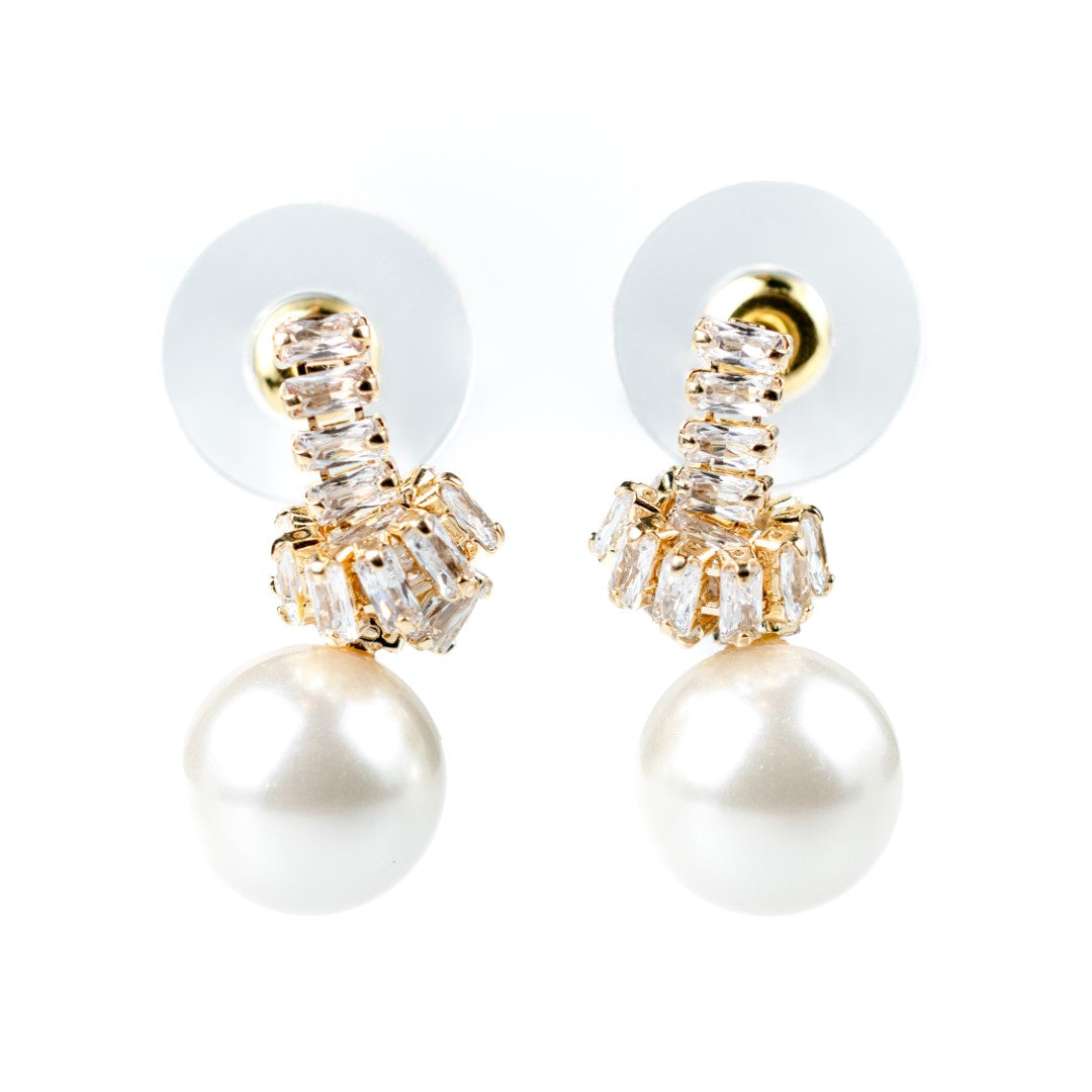 Harma Jewelry 18K GOLD PLATED Serene Pearl Baguette Zirconia Stud Earrings
